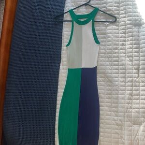 Elegant Colorblock Midi Dress - Green, White, Navy